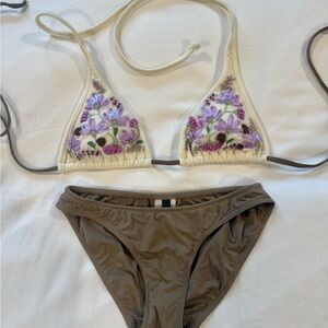 Despi Embroidered Floral Triangle Bikini Top with Taupe Bottom